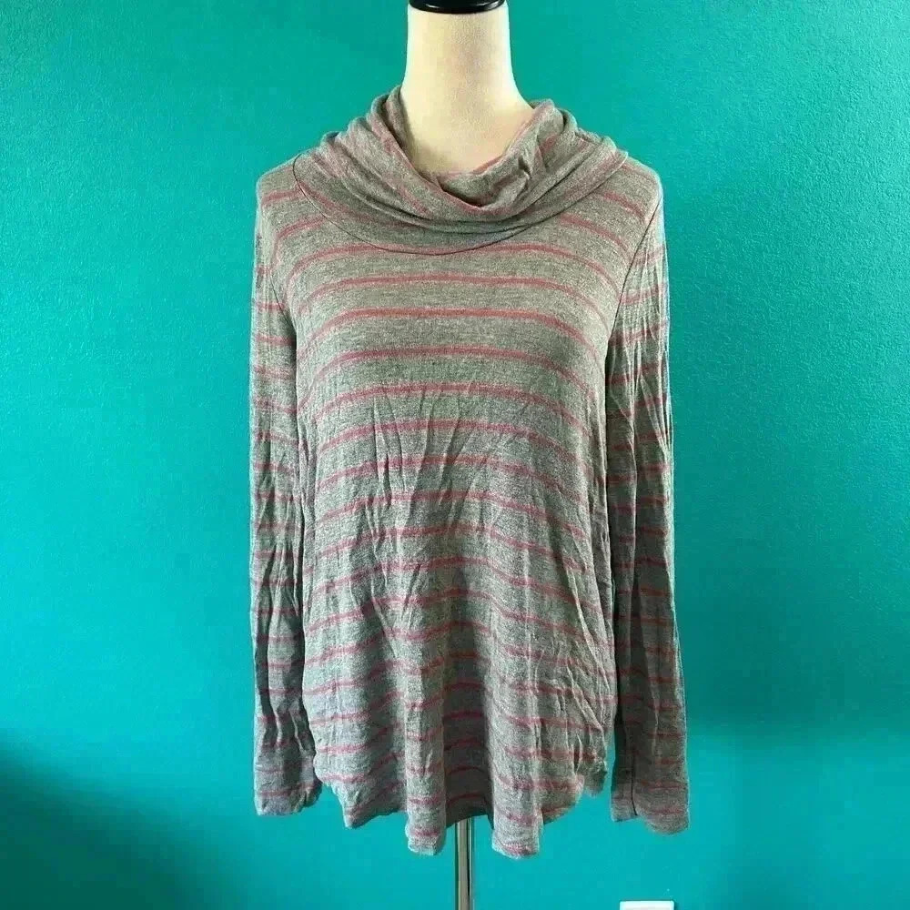 LOFT Cowl Neck Tee T-Shirt Long Sleeve Round Hem Gray Pink Striped Size M